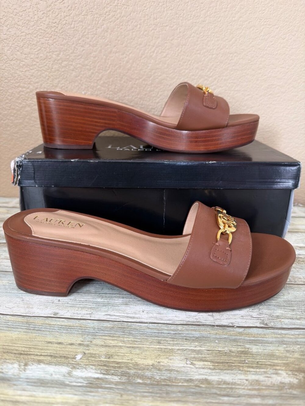 Ralph Lauren Roxanne Block Heel Slide Sandals Tan Leather Sz 11 New in Box - Picture 5 of 15